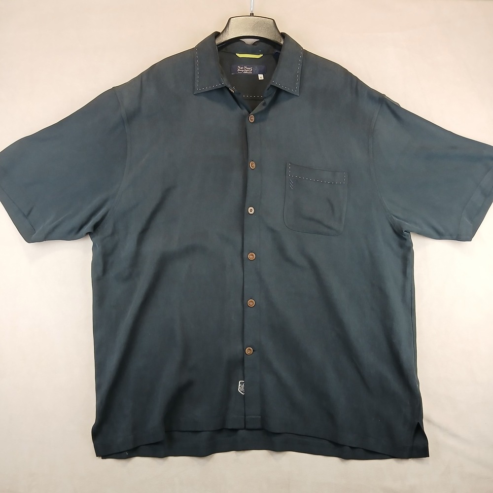 Nat Nast XL Mens Shirt Silk Black Hawaiian Camp Bowling 26x30 **Fits XXL **